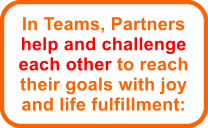 In Teams, Partners help and challenge each other to reach their goals with joy and life fulfillment: