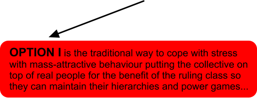 OPTION I is the traditional way to cope with stress with mass-attractive behaviour putting the collective on top of real people for the benefit of the ruling class so they can maintain their hierarchies and power games...