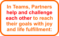 In Teams, Partners help and challenge each other to reach their goals with joy and life fulfillment: